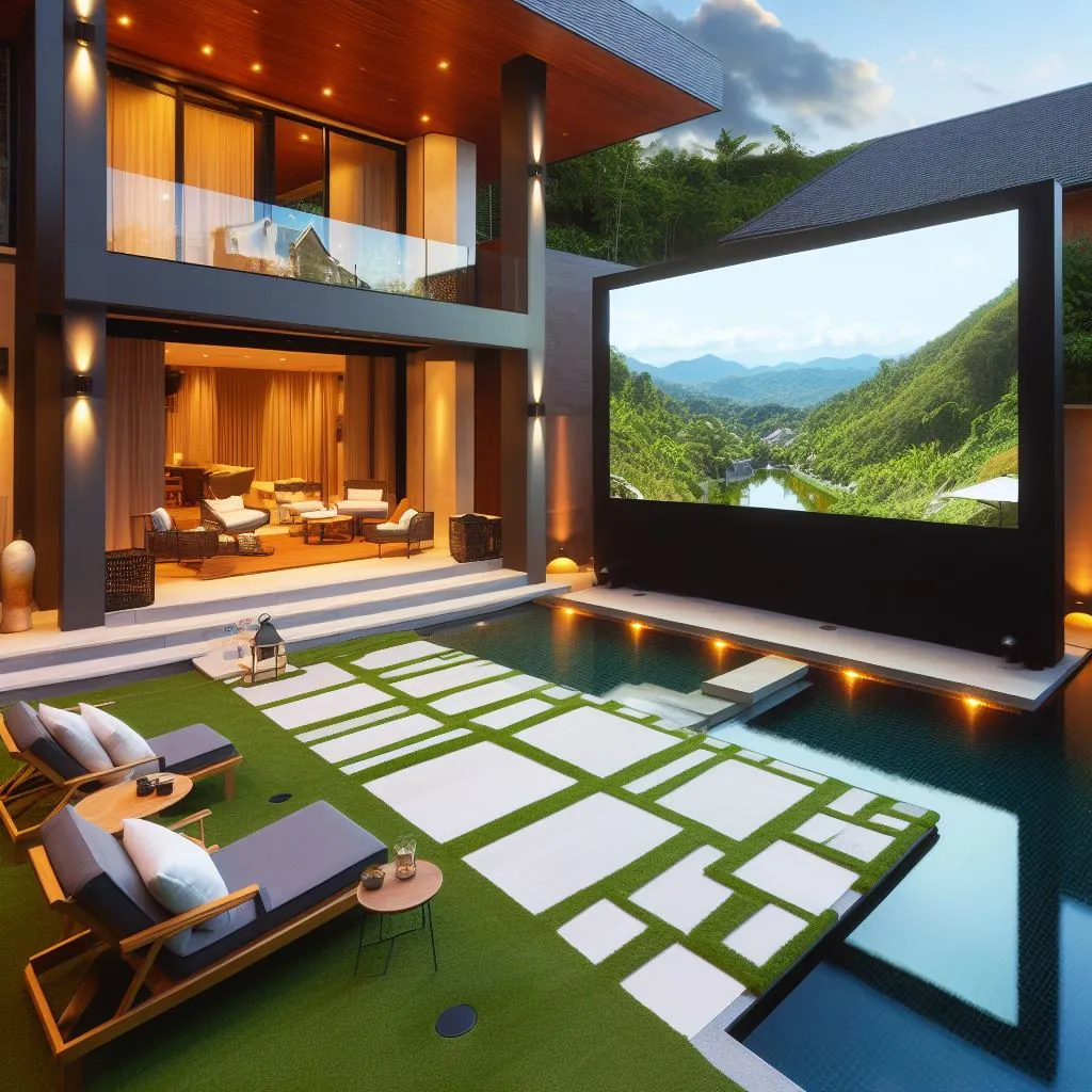 Ilustração de painel de LED ao lado da piscina, de dia, mostrando uma paisagem
