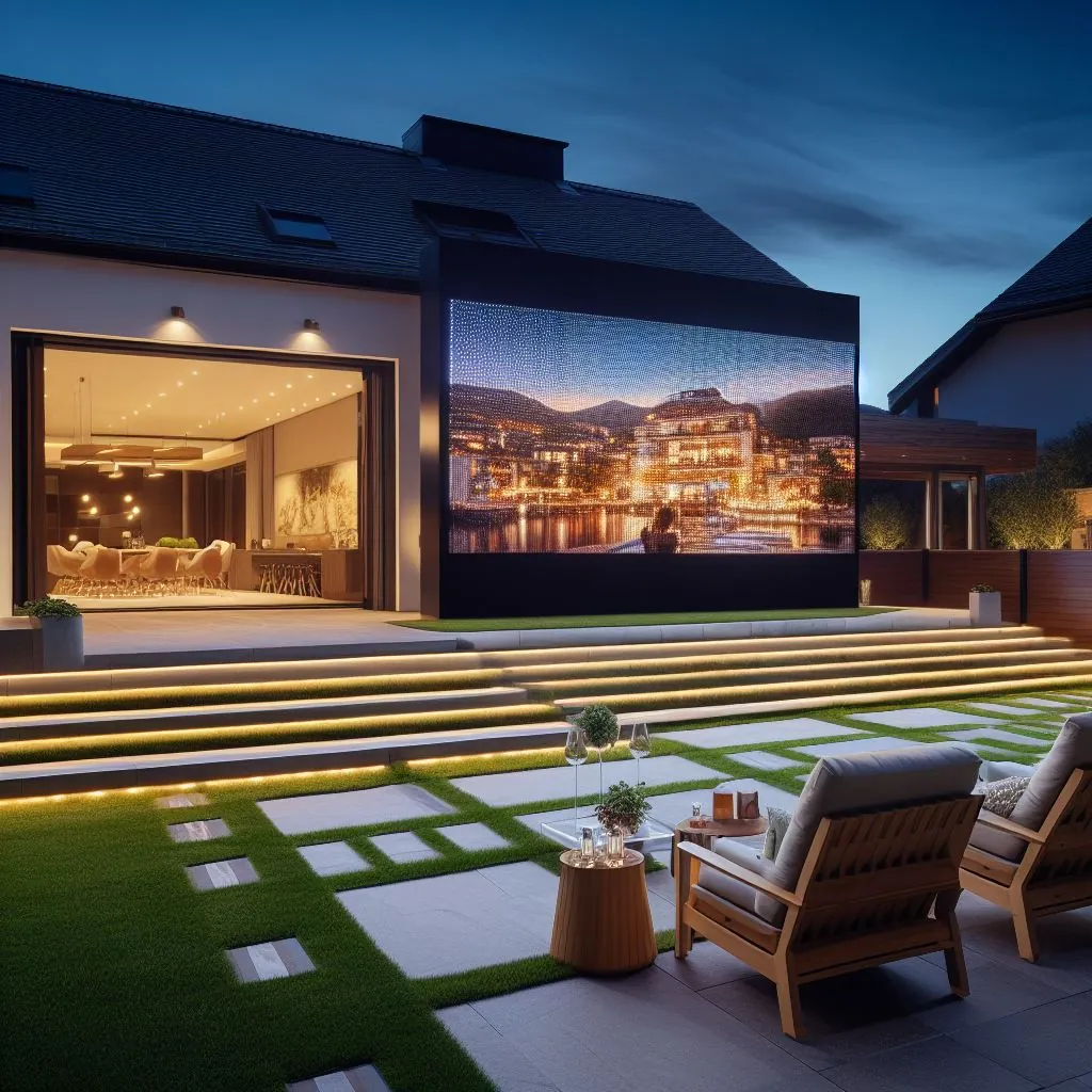 Ilustração de painel de LED na área externa da casa ao entardecer, com poltronas