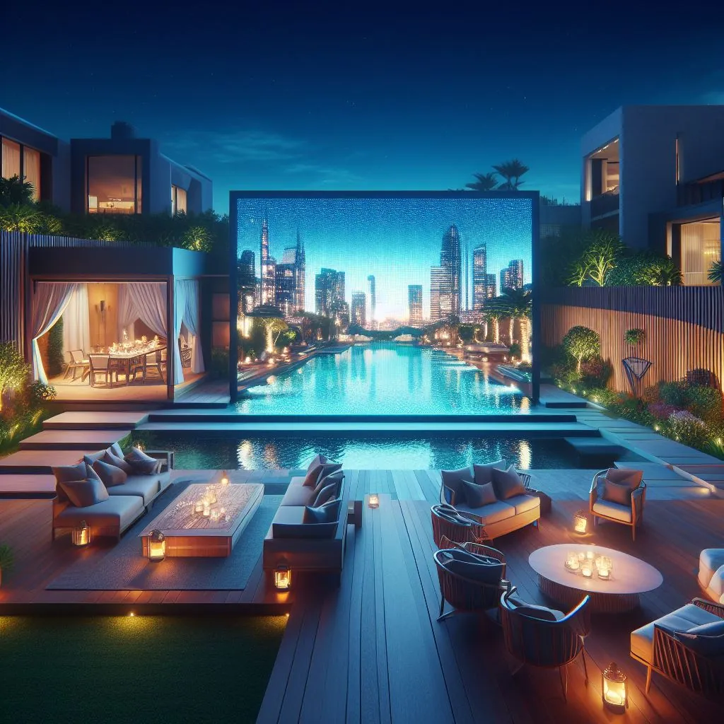 Ilustração de área externa à noite com piscina, lounge e painel de LED de grande formato