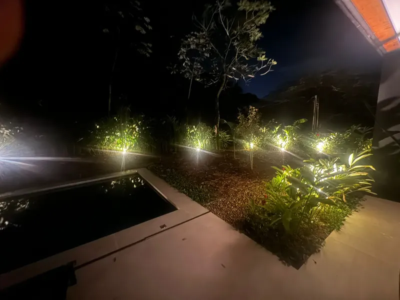 Garden lit at night beside the pool