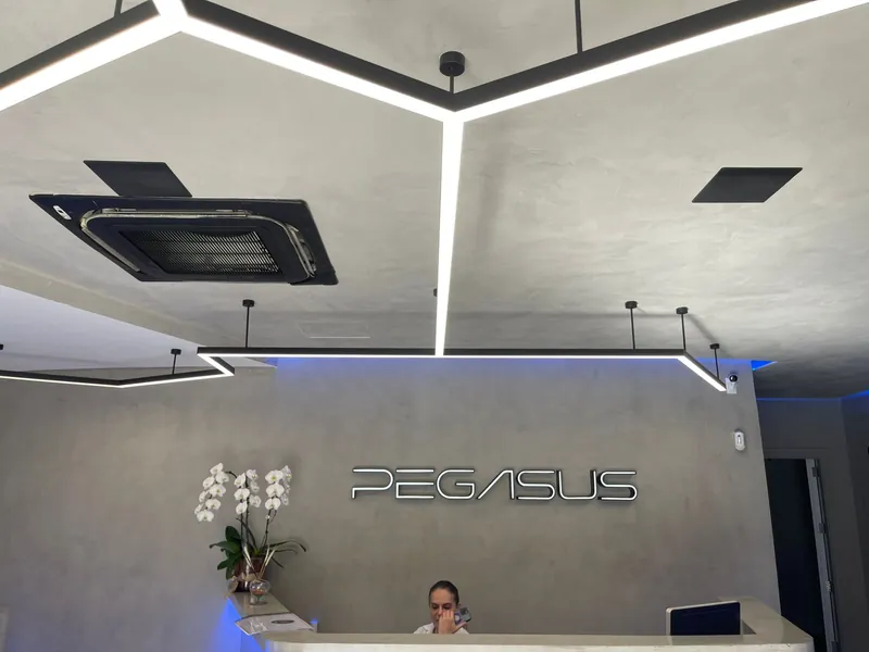 Corporate reception with linear ceiling lighting and an illuminated desk